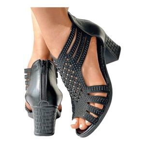 ROSY Black Hollow-Out Block-Heel Sandal - Women